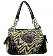 Animal Zebra Print Satchel Bags w/ 3-Heart Charm - Beige - BG-112HZ-BEI